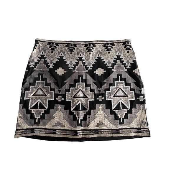 Express Women's Aztec Sequin Print A-Line Mini Skirt Black Gold Stretch Size PS - Picture 1 of 7
